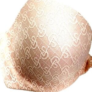 Victorias Secret VS Logo Bra Demi Pink 34C Lace Padded Lined 36014634